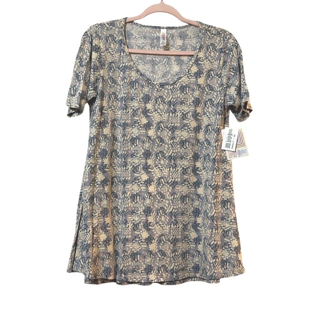 LuLaRoe Perfect T Top Womens XS Grey Cream Geometric Abstract Print Short Sleeve